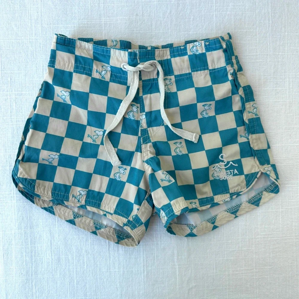 Seaesta Surf Peanuts Snoopy Skateboard Checkered Board Shorts Teal Cream Kids 3T